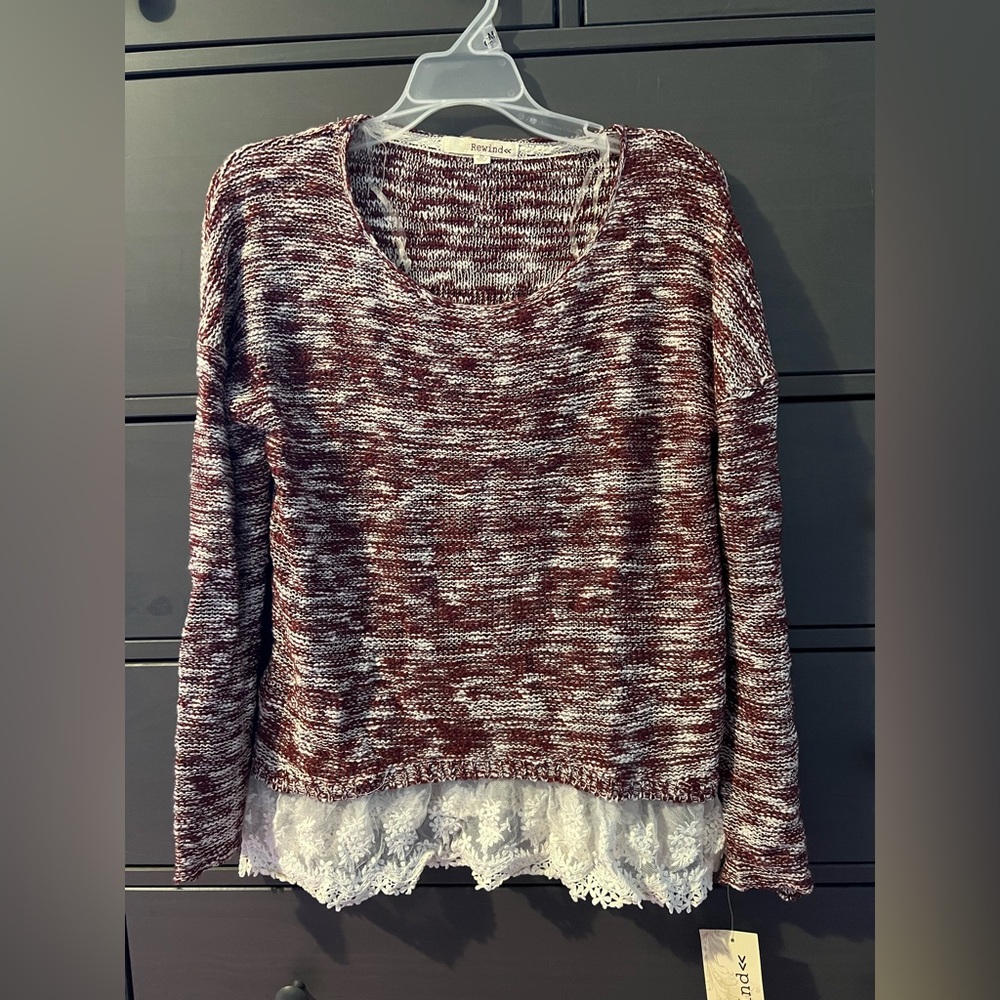 Rewind Women's Maroon Sweater with Lace Hem